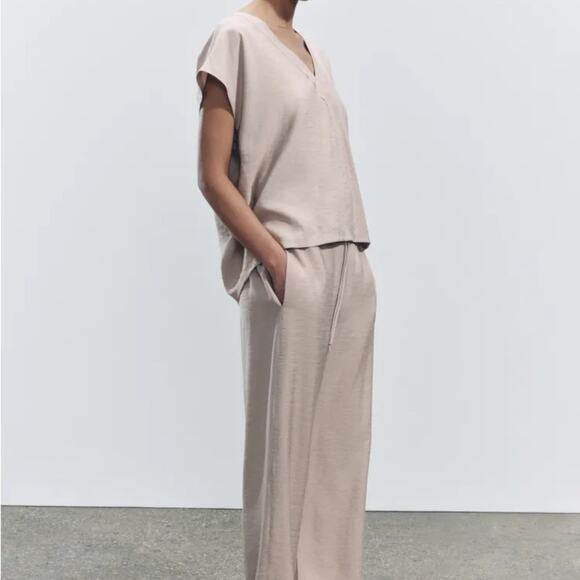 Zara Women's Beige Pajama Style Wide-Leg Drawstring Waist Pants Small - Picture 9 of 9